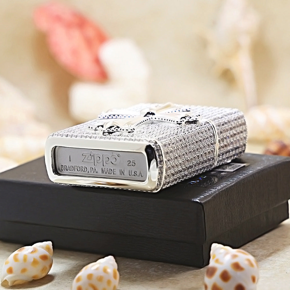 Zippo Silver Full Crystal Pavé Gothic Cross Emblem Shell Lighter - CM111