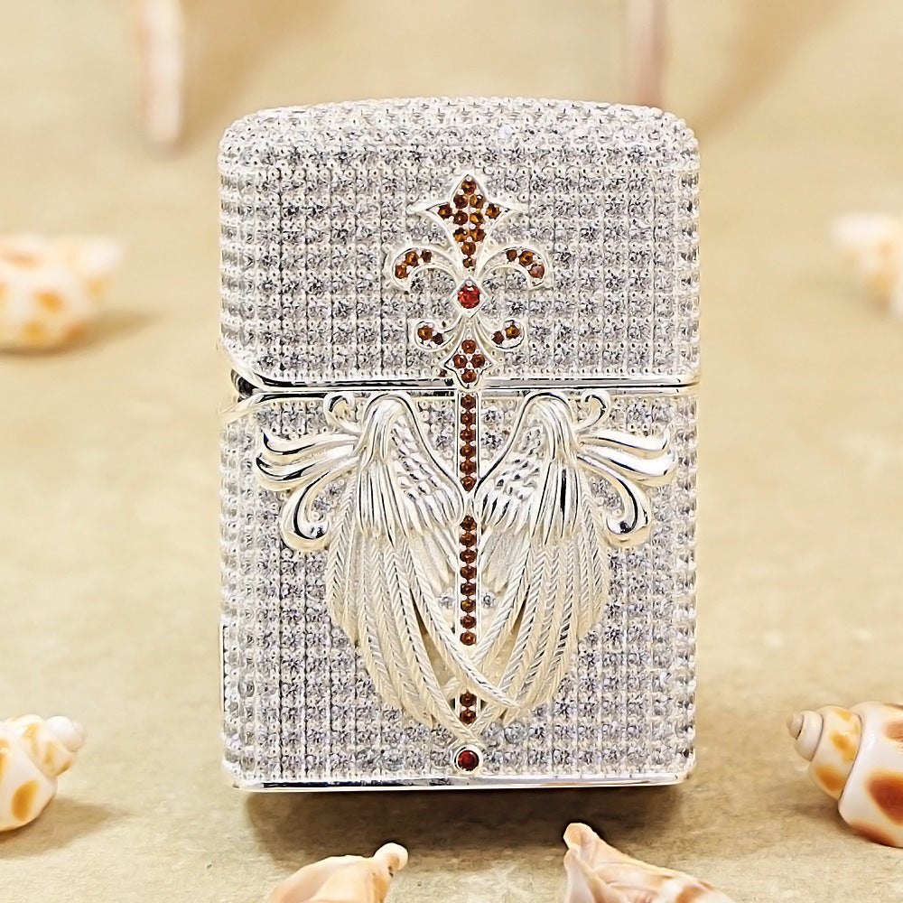 Zippo Silver Full Crystal Pavé Guardian Angel Wings and Fleur-de-lis Shell Lighter - CM110
