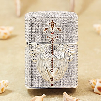 Zippo Silver Full Crystal Pavé Guardian Angel Wings and Fleur-de-lis Shell Lighter - CM110