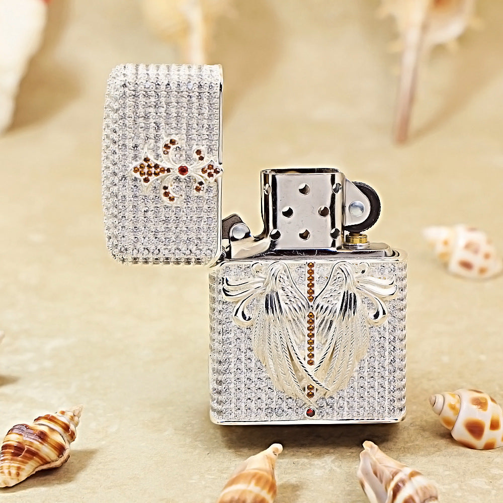 Zippo Silver Full Crystal Pavé Guardian Angel Wings and Fleur-de-lis Shell Lighter - CM110