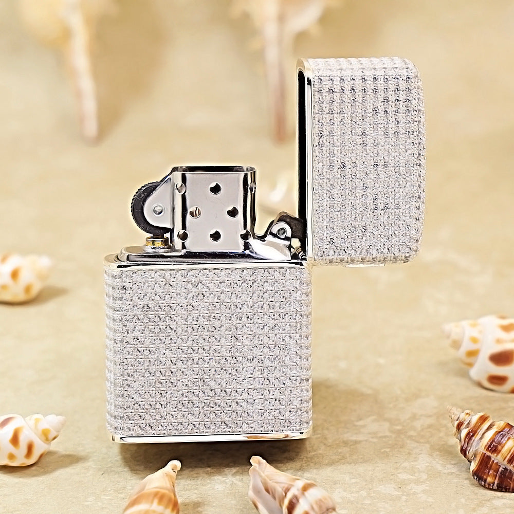 Zippo Silver Full Crystal Pavé Guardian Angel Wings and Fleur-de-lis Shell Lighter - CM110