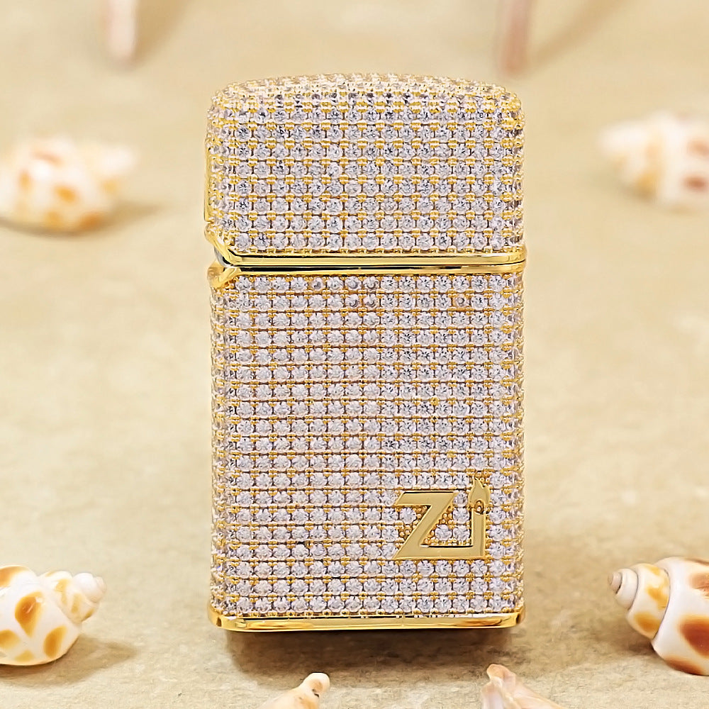 Zippo Slim Gold Full Crystal Pavé "Zi" Emblem Shell Lighter - CM100