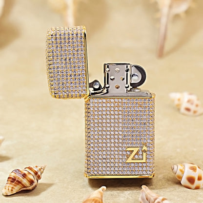 Zippo Slim Gold Full Crystal Pavé "Zi" Emblem Shell Lighter - CM100