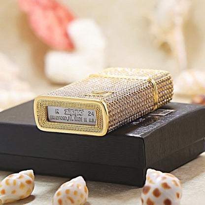 Zippo Slim Gold Full Crystal Pavé "Zi" Emblem Shell Lighter - CM100