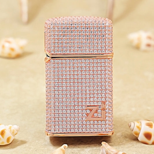 Zippo Slim Rose Gold Full Crystal Pavé "Zi" Emblem Shell Lighter - CM104