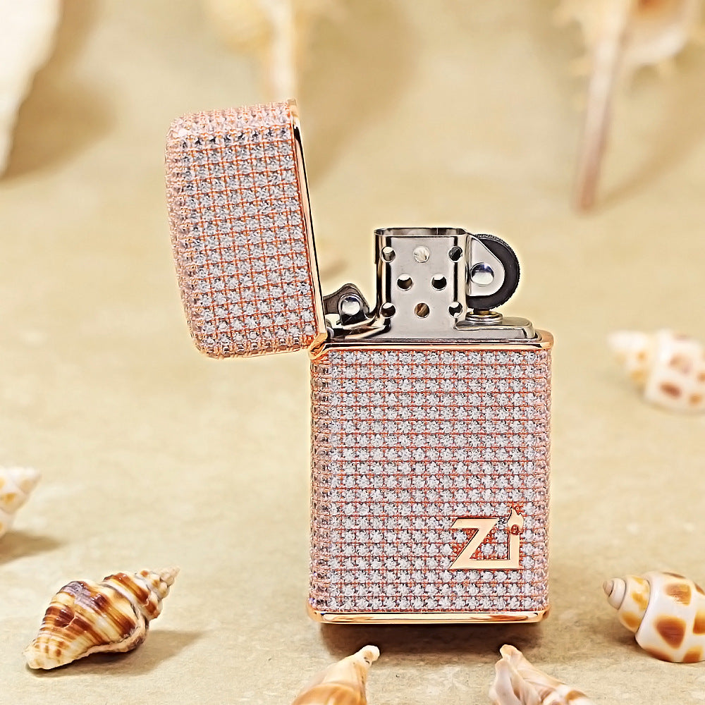Zippo Slim Rose Gold Full Crystal Pavé "Zi" Emblem Shell Lighter - CM104