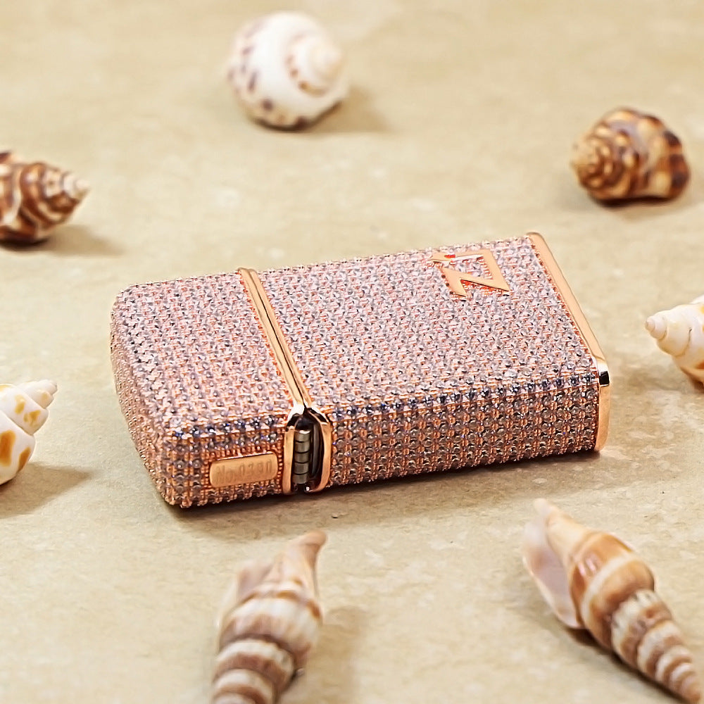 Zippo Slim Rose Gold Full Crystal Pavé "Zi" Emblem Shell Lighter - CM104