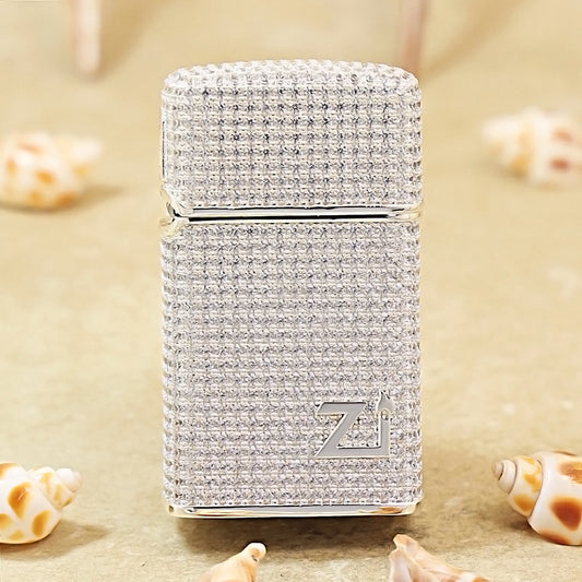 Zippo Slim Silver Full Crystal Pavé "Zi" Emblem Shell Lighter - CM105