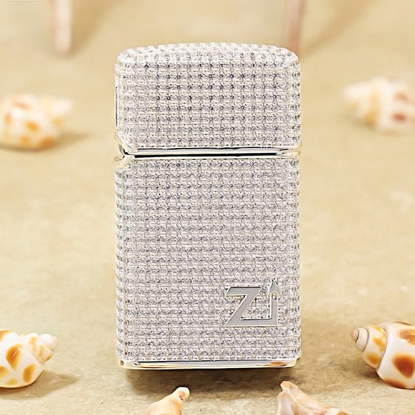 Zippo Slim Silver Full Crystal Pavé "Zi" Emblem Shell Lighter - CM105