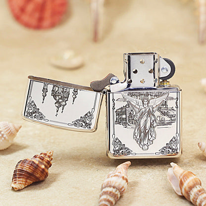 Zippo Sterling Argent Exquisite Engraved Protector Angel and Cathedral Flame - SS04