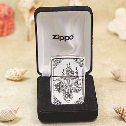 Zippo Sterling Silver Exquisite Carved Guardian Angel and Cathedral Lighter - SS04