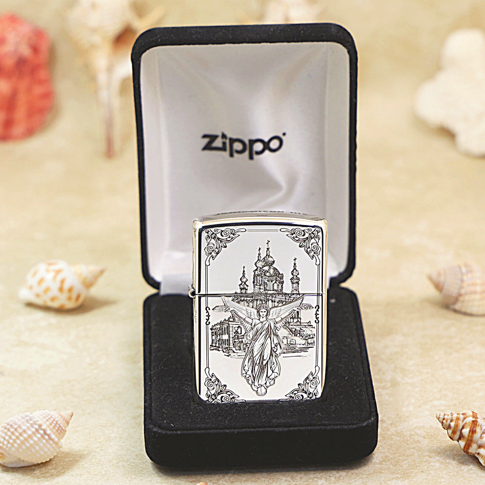 Zippo Sterling Argent Exquisite Engraved Protector Angel and Cathedral Flame - SS04