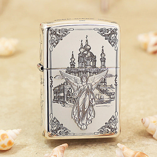 Zippo Sterling Argent Exquisite Engraved Protector Angel and Cathedral Flame - SS04