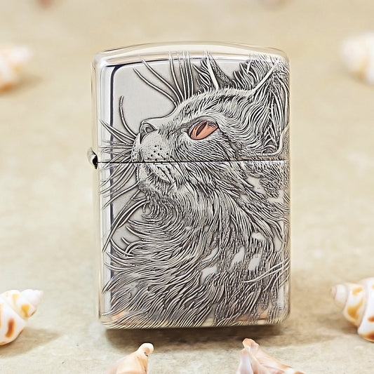 Zippo Sterling Silver Exquisite Carved Looking Up Cat Spirit Lighter - SS03