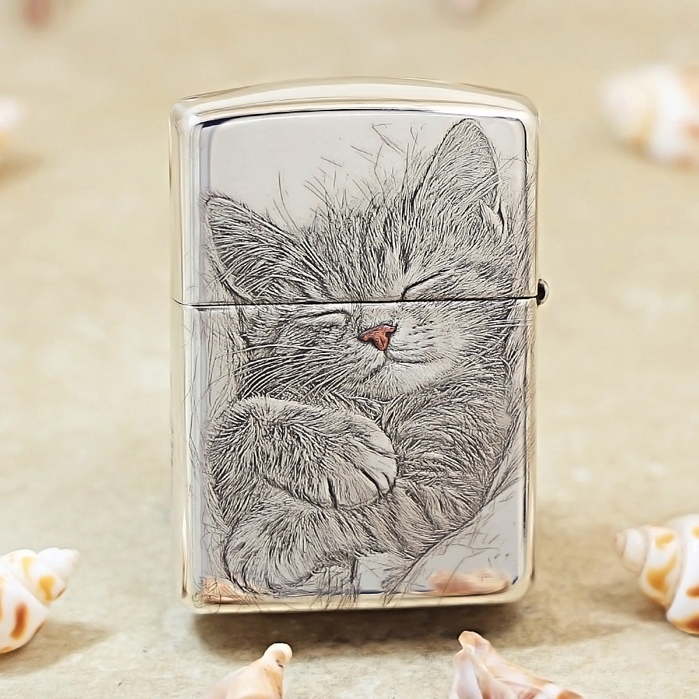 Zippo Sterling Silver Exquisite Carved Looking Up Cat Spirit Lighter - SS03