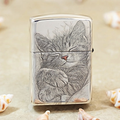 Zippo Sterling Silver Exquisite Carved Looking Up Cat Spirit Lighter - SS03