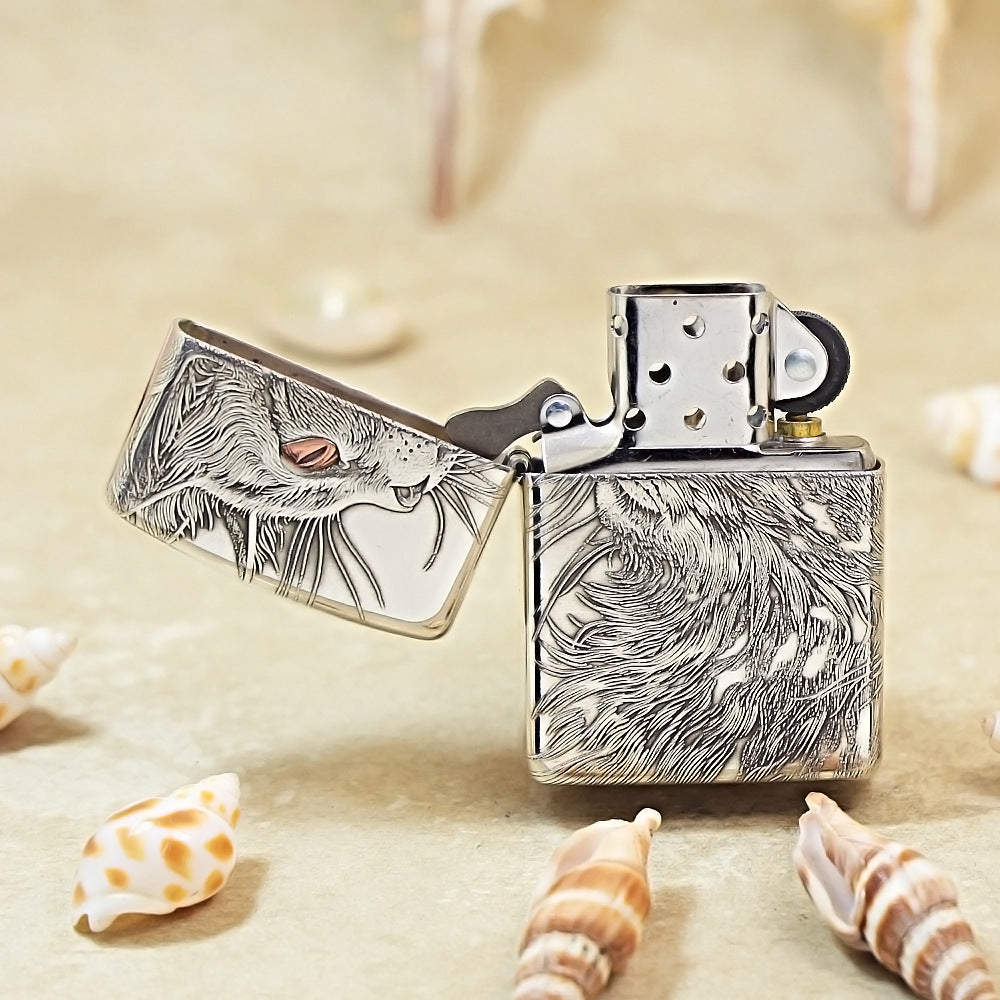 Zippo Sterling Silver Exquisite Carved Looking Up Cat Spirit Lighter - SS03