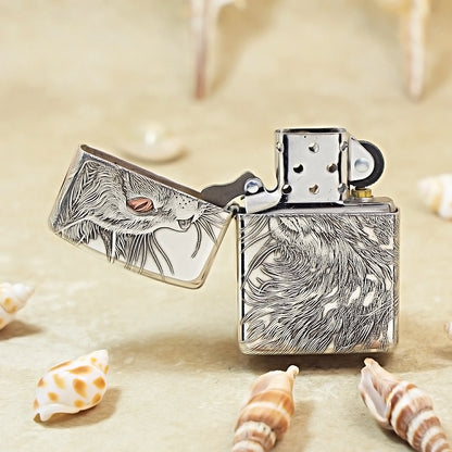 Zippo Sterling Silver Exquisite Carved Looking Up Cat Spirit Lighter - SS03