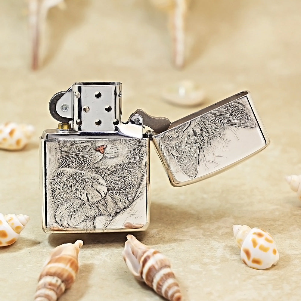 Zippo Sterling Silver Exquisite Carved Looking Up Cat Spirit Lighter - SS03
