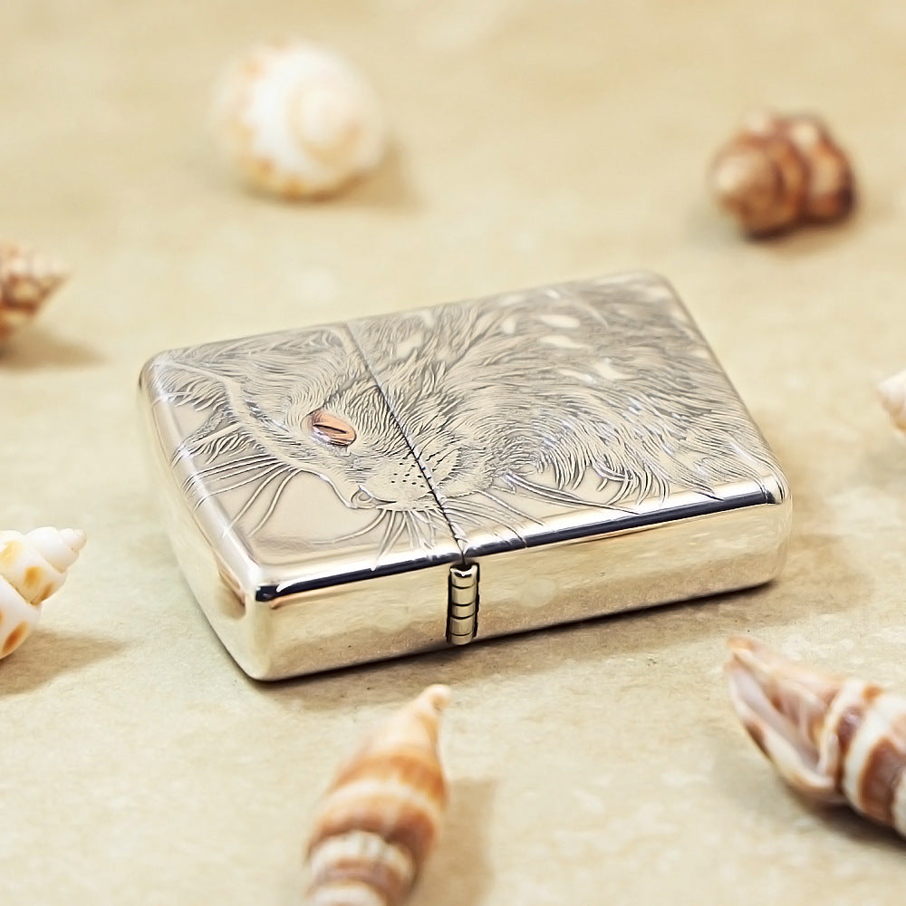 Zippo Sterling Silver Exquisite Carved Looking Up Cat Spirit Lighter - SS03
