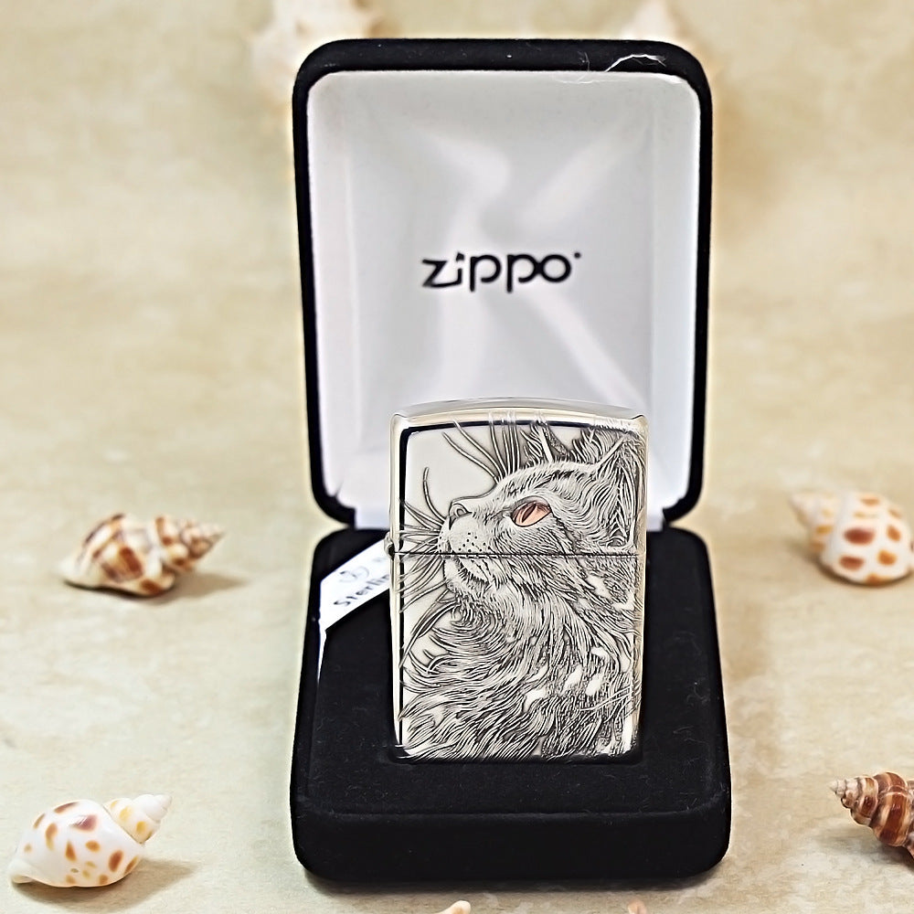 Zippo Sterling Silver Exquisite Carved Looking Up Cat Spirit Lighter - SS03