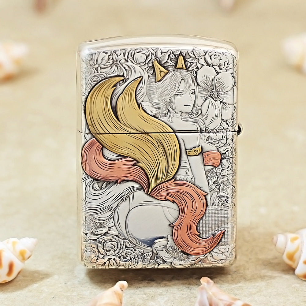 Zippo Sterling Silver Exquisite Carved Sexy Nine-Tailed Fox Spirit Lighter- SS01