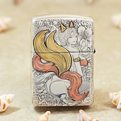 Zippo Sterling Silver Exquisite Carved Sexy Nine-Tailed Fox Spirit Lighter- SS01