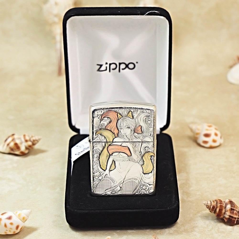 Zippo Sterling Silver Exquisite Carved Sexy Nine-Tailed Fox Spirit Lighter- SS01