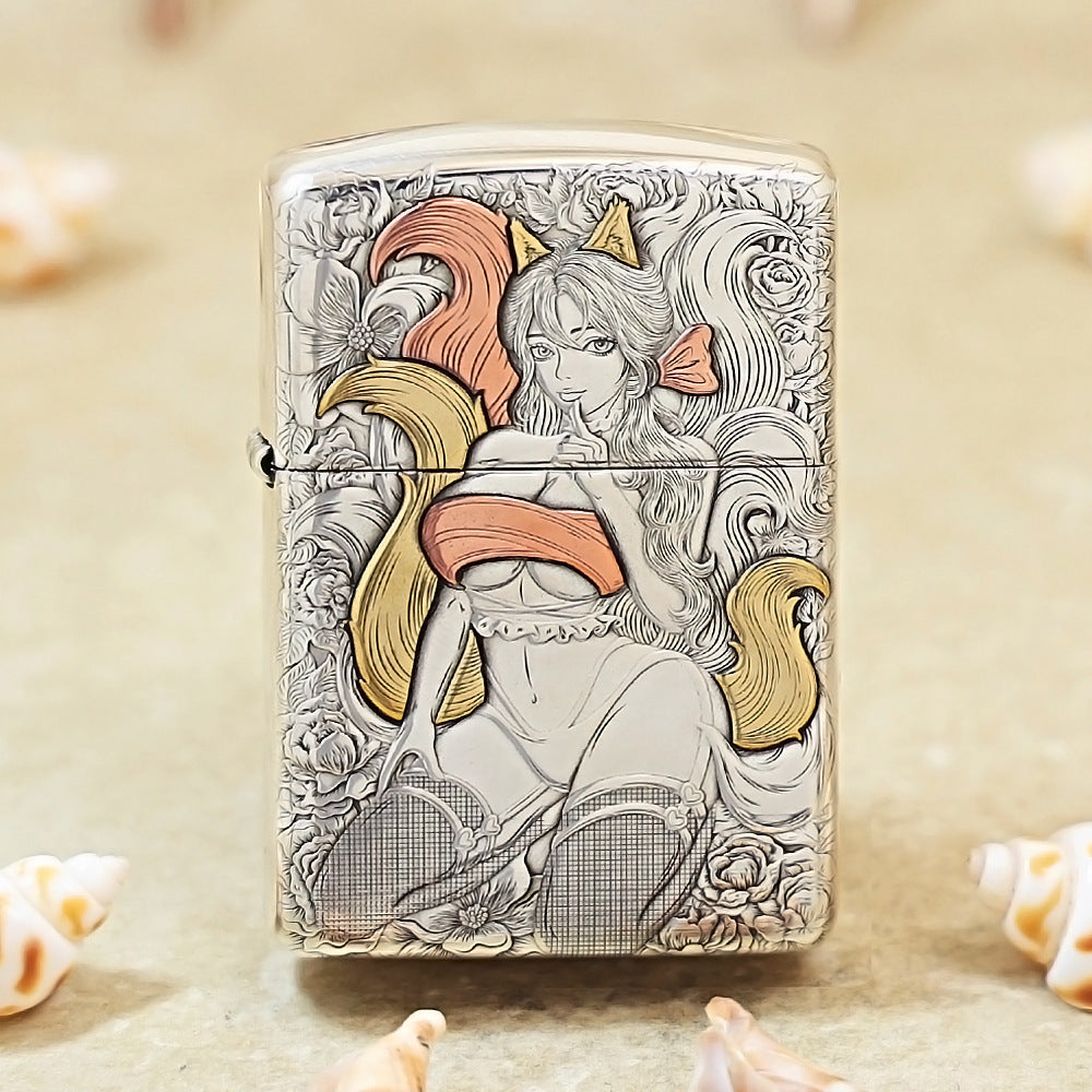 Zippo Sterling Argent Exquisite Engraved Sexy Nine-Tailed Fox Spirit Flame - SS01