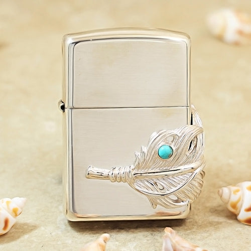 Zippo Sterling Silver Feather with Blue Turquoise Emblem Lighter - SS02
