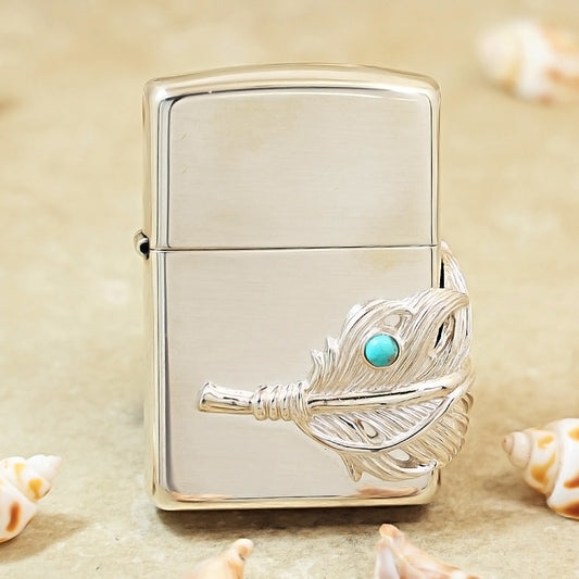 Zippo Sterling Silver Feather with Blue Turquoise Emblem Lighter - SS02
