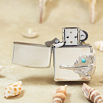 Zippo Sterling Silver Feather with Blue Turquoise Emblem Lighter - SS02