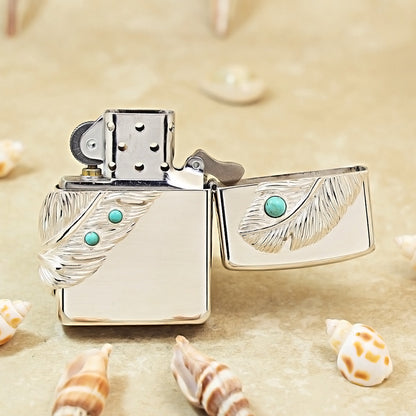 Zippo Sterling Silver Feather with Blue Turquoise Emblem Lighter - SS02