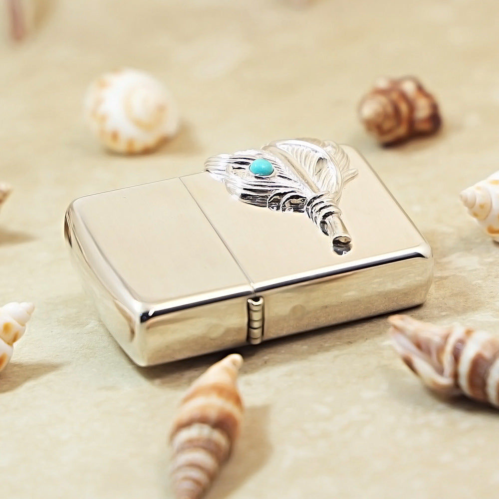 Zippo Sterling Silver Feather with Blue Turquoise Emblem Lighter - SS02