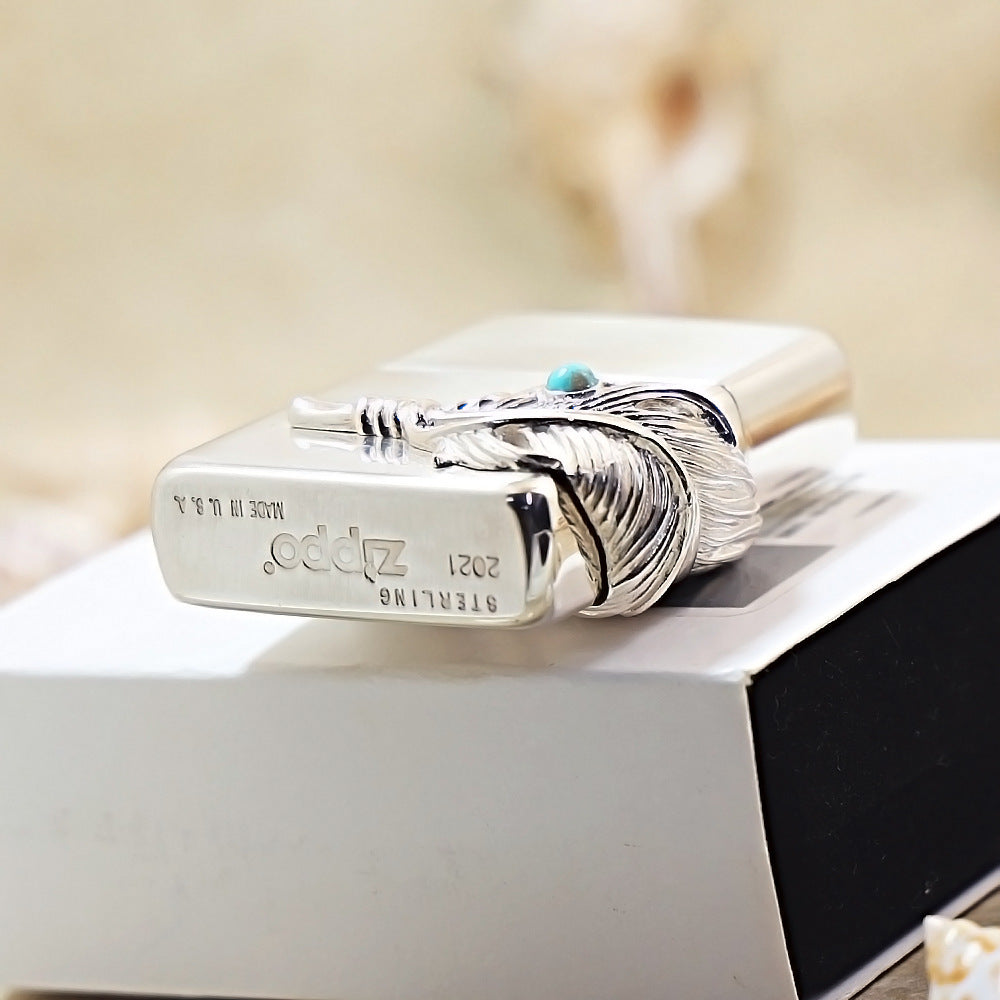 Zippo Sterling Silver Feather with Blue Turquoise Emblem Lighter - SS02