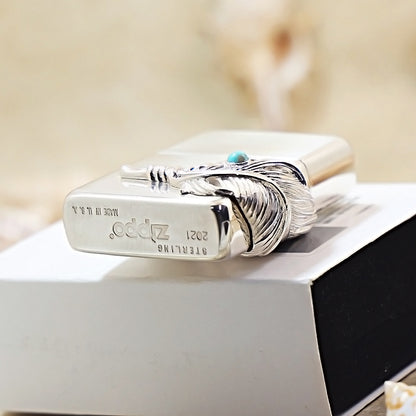 Zippo Sterling Silver Feather with Blue Turquoise Emblem Lighter - SS02