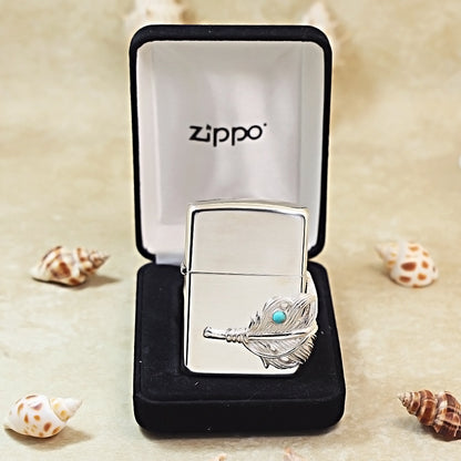 Zippo Sterling Silver Feather with Blue Turquoise Emblem Lighter - SS02