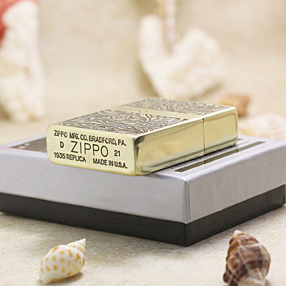 Zippo 1935 Flat Top Brass Deep Carved Arabesque Scroll - CC117