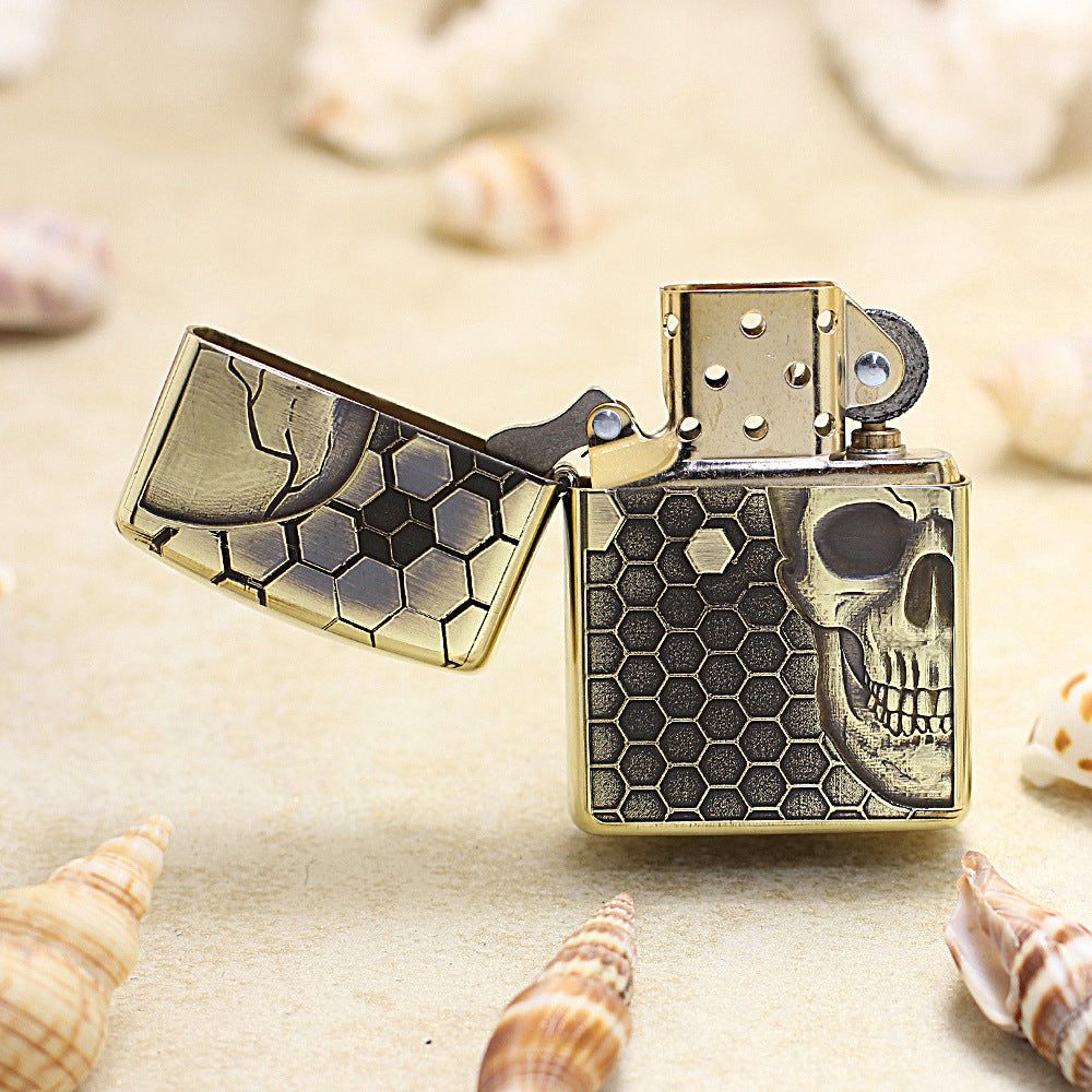 Zippo Antique Brass Deep Carved Honeycomb Half Skull - CC155