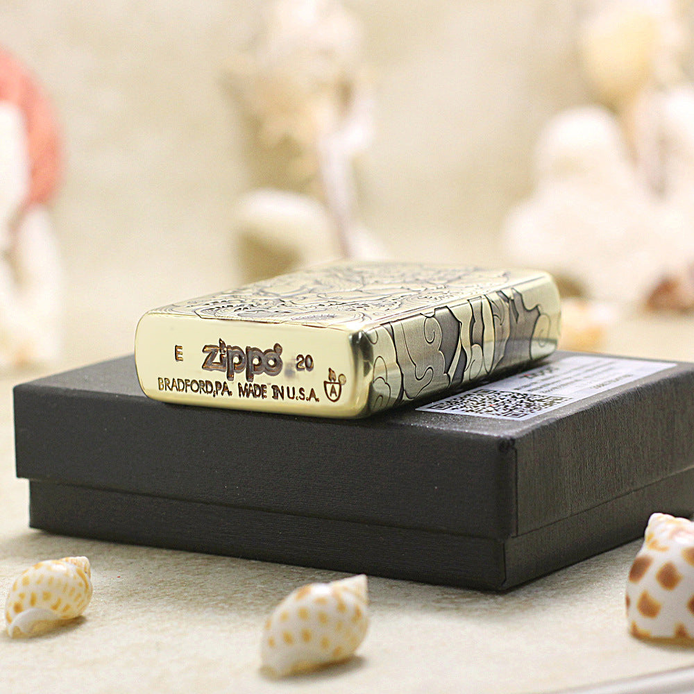 Zippo Antique Brass Deep Carved Mythical Tang Lion and Demon Relief - CC145