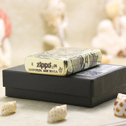 Zippo Antique Brass Deep Carved Mythical Tang Lion and Demon Relief - CC145