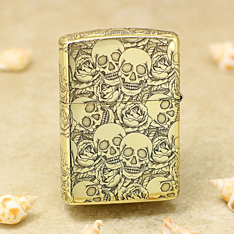 Zippo Antique Brass Deep Carved Skulls and Roses Pattern - CC164