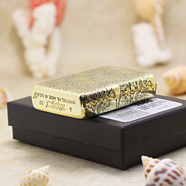 Zippo Antique Brass Deep Carved Skulls and Roses Pattern - CC164