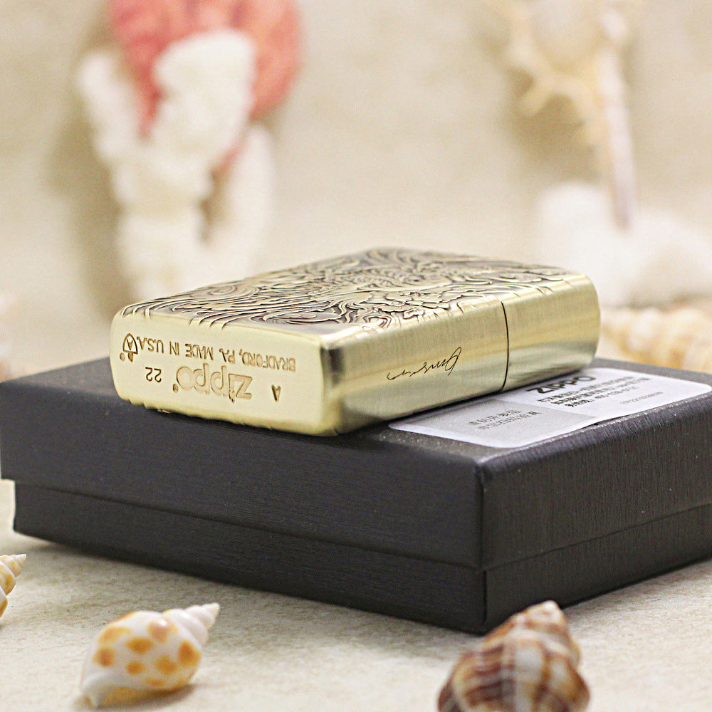 Zippo Antique Brass Full Engraved Phoenix and Peony Relief - CC113