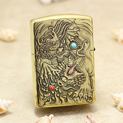 Zippo Antique Brass Full Engraved Pixiu Double Gemstone - CC112