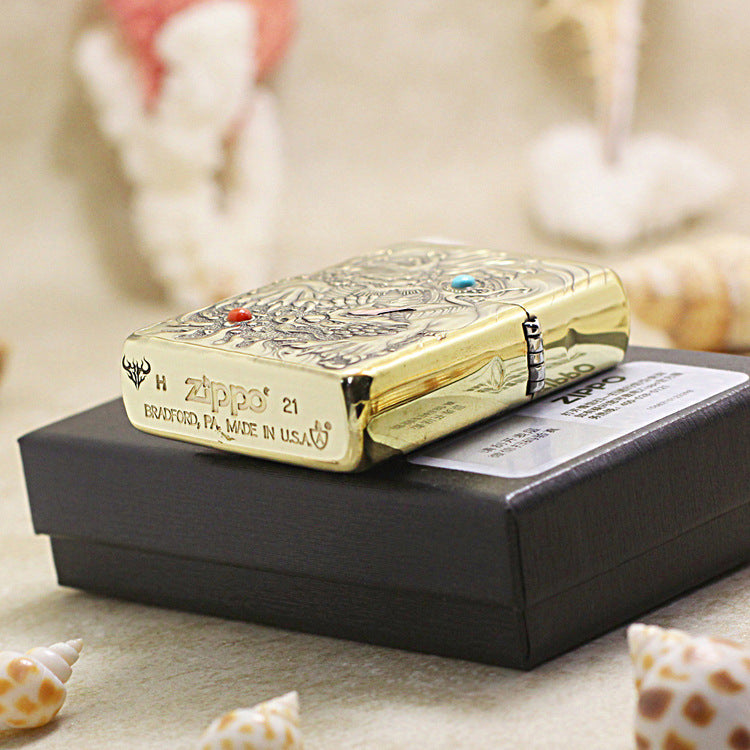 Zippo Antique Brass Full Engraved Pixiu Double Gemstone - CC112