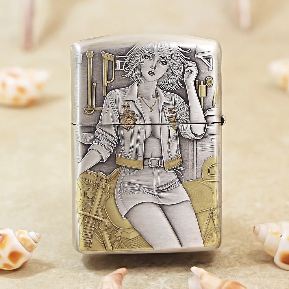 Zippo Antique Silver Two-Tone 'Motorcycle Girl' 162-DS67