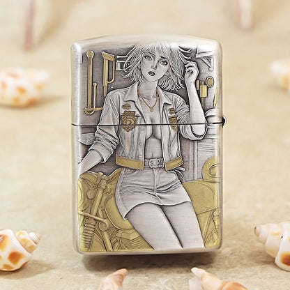 Zippo Antique Silver Two-Tone 'Motorcycle Girl' 162-DS67