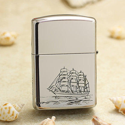 Zippo Brushed Chrome Deep Carved Nautical Chart and Sailing Ship - SC17
