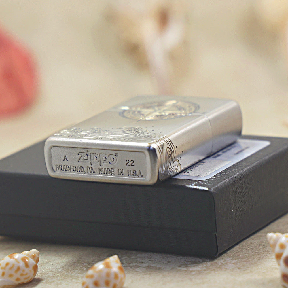 Zippo Brushed Chrome Two Tone Compass Rose and Waves - SC03